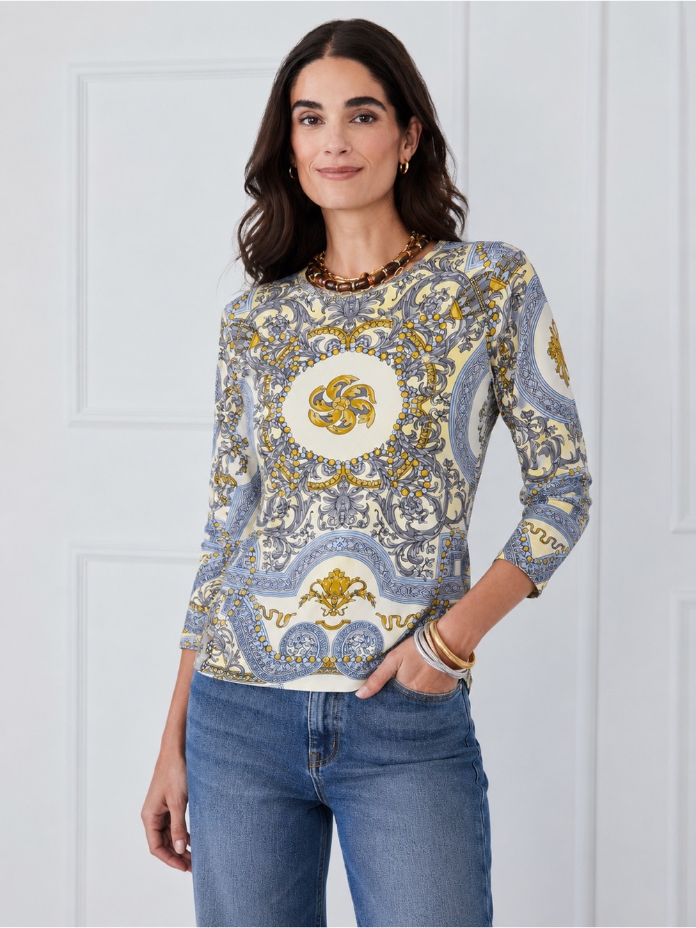 J. McLaughlin Signature Tee Catalina Cloth Crewneck 3/4 Sleeve Size Large 476